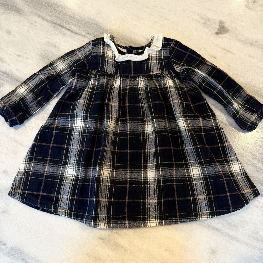 Edgehill Collection 12M Baby Girl Plaid Flannel Dress Ruffle Collar Blue White